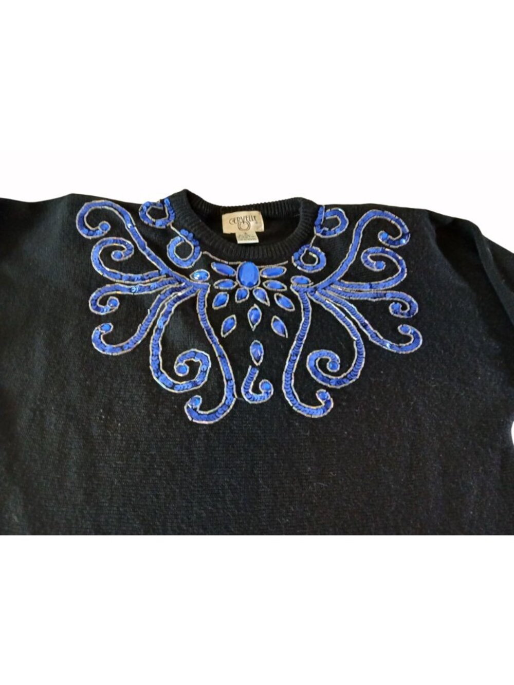 Vintage Cervelle Black Sweater Blue Sequins Beaded Size S Oversized Bedazzled - Picture 8 of 10